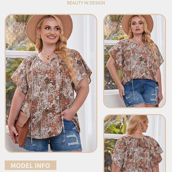 Flutter sleeve tie-neck boho short sleeved blouse - Picture 2 of 3